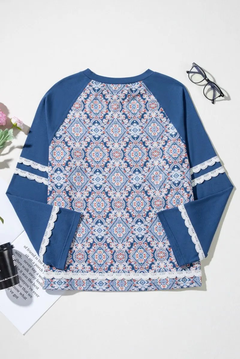 Blue Geometric Printed Lace Patchwork Ric Rac Raglan Top - Love Salve